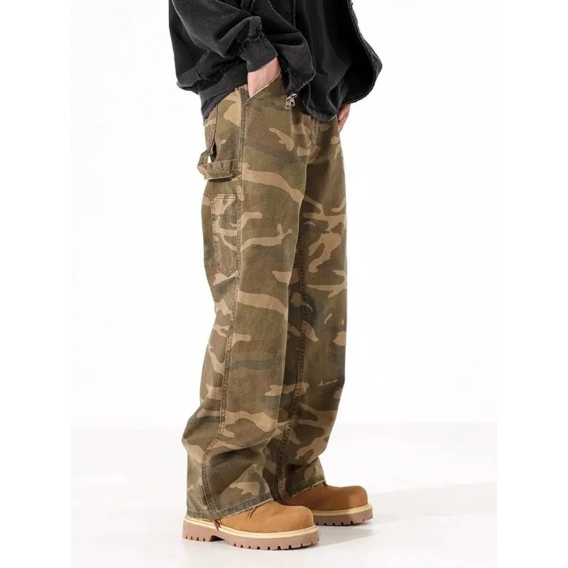 

2025 New Men's High-end American Retro Camouflage Overalls Loose Wide-leg Casual Logging Trousers
