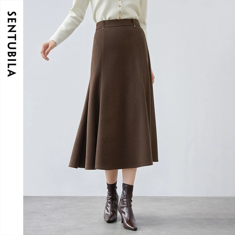 SENTUBILA Women A‑line Knit Midi Skirt High Waist Rivet Decoration Flowy Hem Black 2026 Autumn Elegant Commuter Skirt 154QA3634X