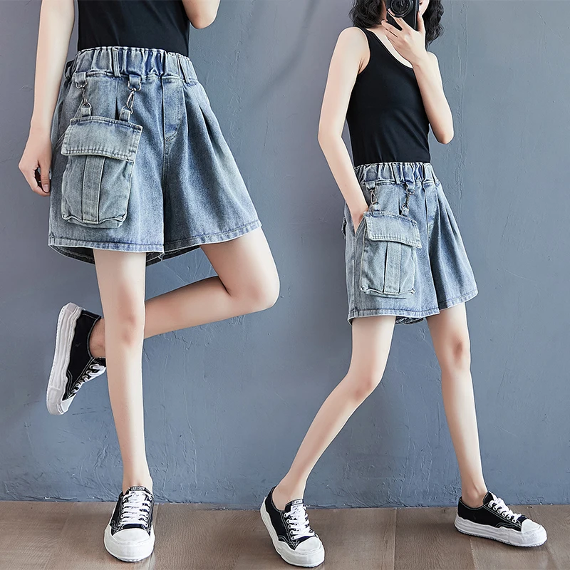 

plus Size orts Summer Slimming Denim High Waist Loose Casual Wide Leg Pants Versatile orts Women's Faion Cotton Stretch...