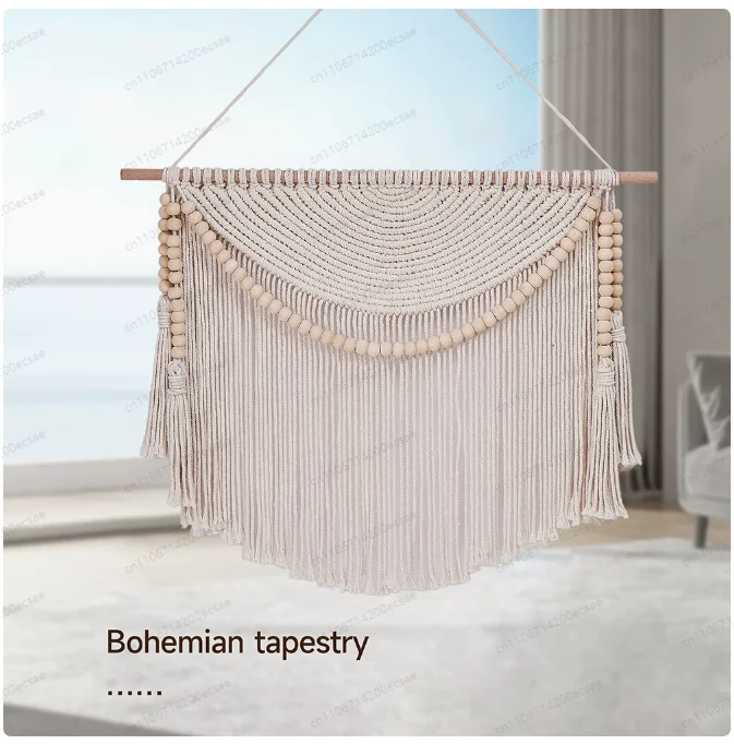Macrame Wall Hanging Tapestry with Wood Beads and Tassels Handmade Woven Home Office Nursery Decor Bedroom Livingroom Decration