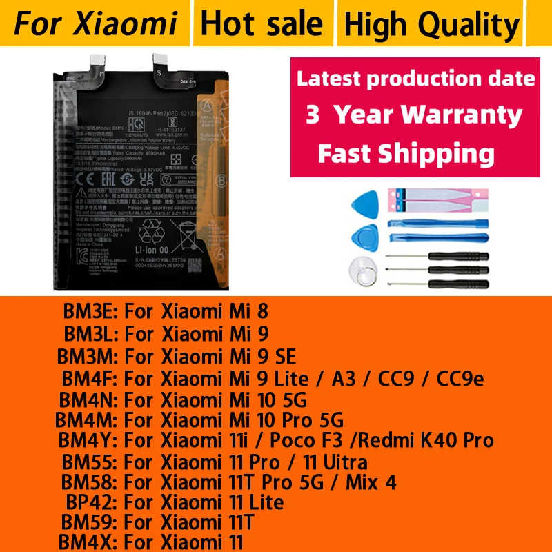 2026 Years 100% Original Battery For Xiaomi Mi 8 9 10 11 11i 11T Ultra SE Lite A3 Mix 4 Pro 5G BM3L BM3E BM3M BM58 Batteries