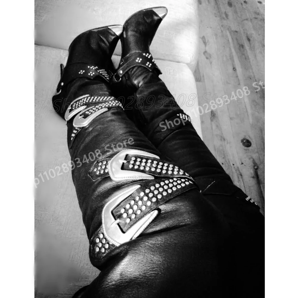 Nieuw ontwerp klinknagels decor halfhoge laarzen terug strappy gesp riemen kruisgebonden stiletto hoge hak sexy damesschoenen 2025, para mujer