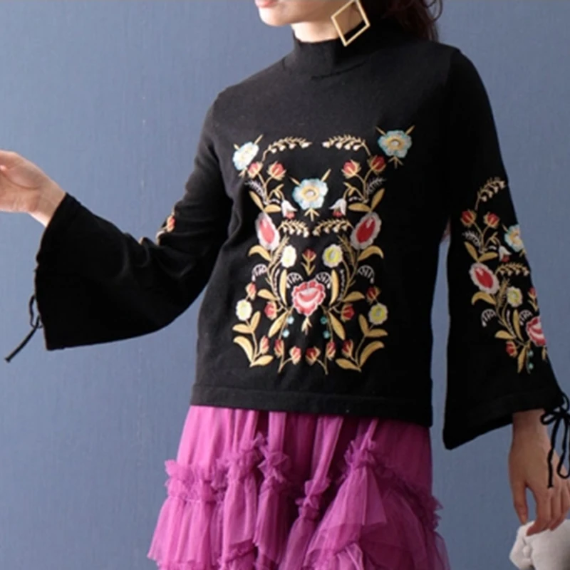 BPN Hit Color Patchwork Embroidery Knitting Sweaters For Women Turtleneck Long Sleeve Spliced Lace Up Pullover Sweater Female