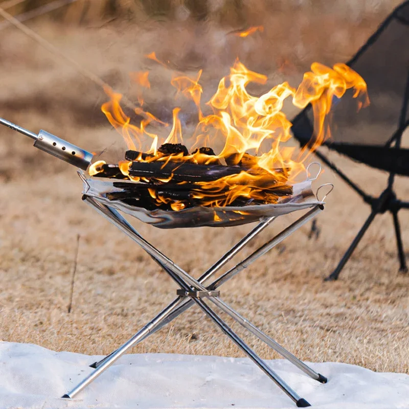 Outdoor Portable Campfire Rack, Stainless Steel Mesh Fire Grill, Firewood Stand Rack, Camping Foldable Bonfire Rack