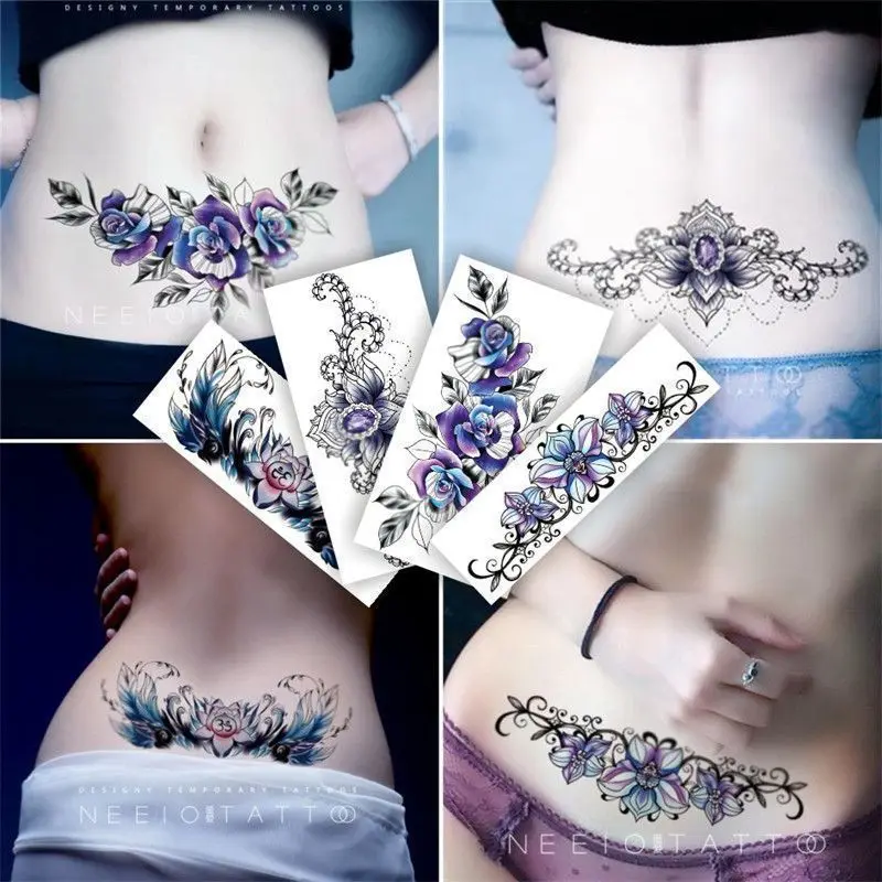 Waist Belly Tattoos Stickers Sexy Roses Lasting Waterproof Belly Masking Stretch Pattern Totem Rose ins Sexy Girls Lasting Bar