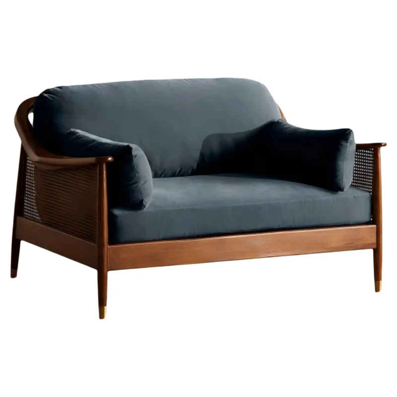 *Slate Blue Velvet Mid Century Modern Rattan Accent Armchair Solid Wood Brass Capped Leg for Living Room Resort Lobby Decor