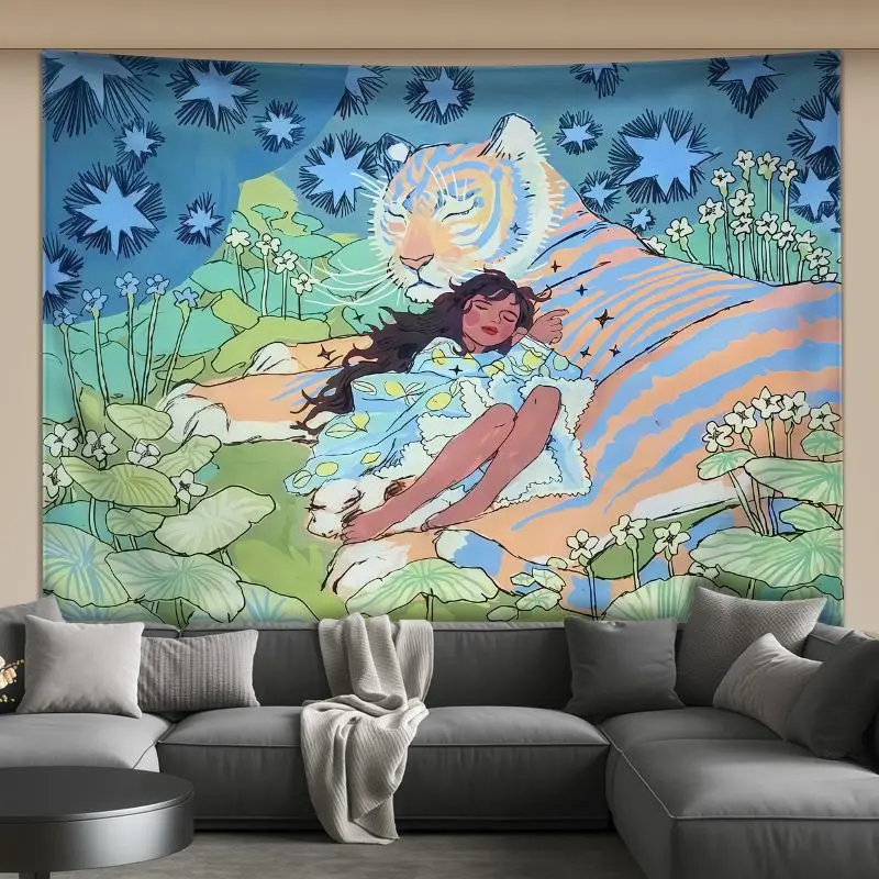 VIKAMA Dreamy Girl and Tiger Illustration Tapestry, HD Wear-Resistant Background Cloth for Whimsical Living Room Decor