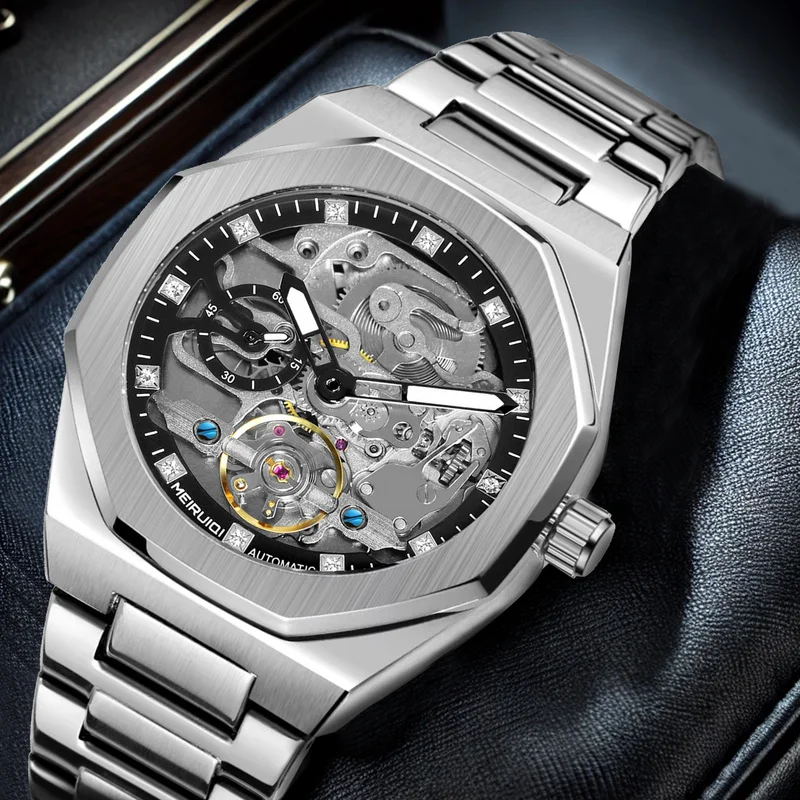 A men's silver black minimalist style novel fully automatic polygonal mechanical watch