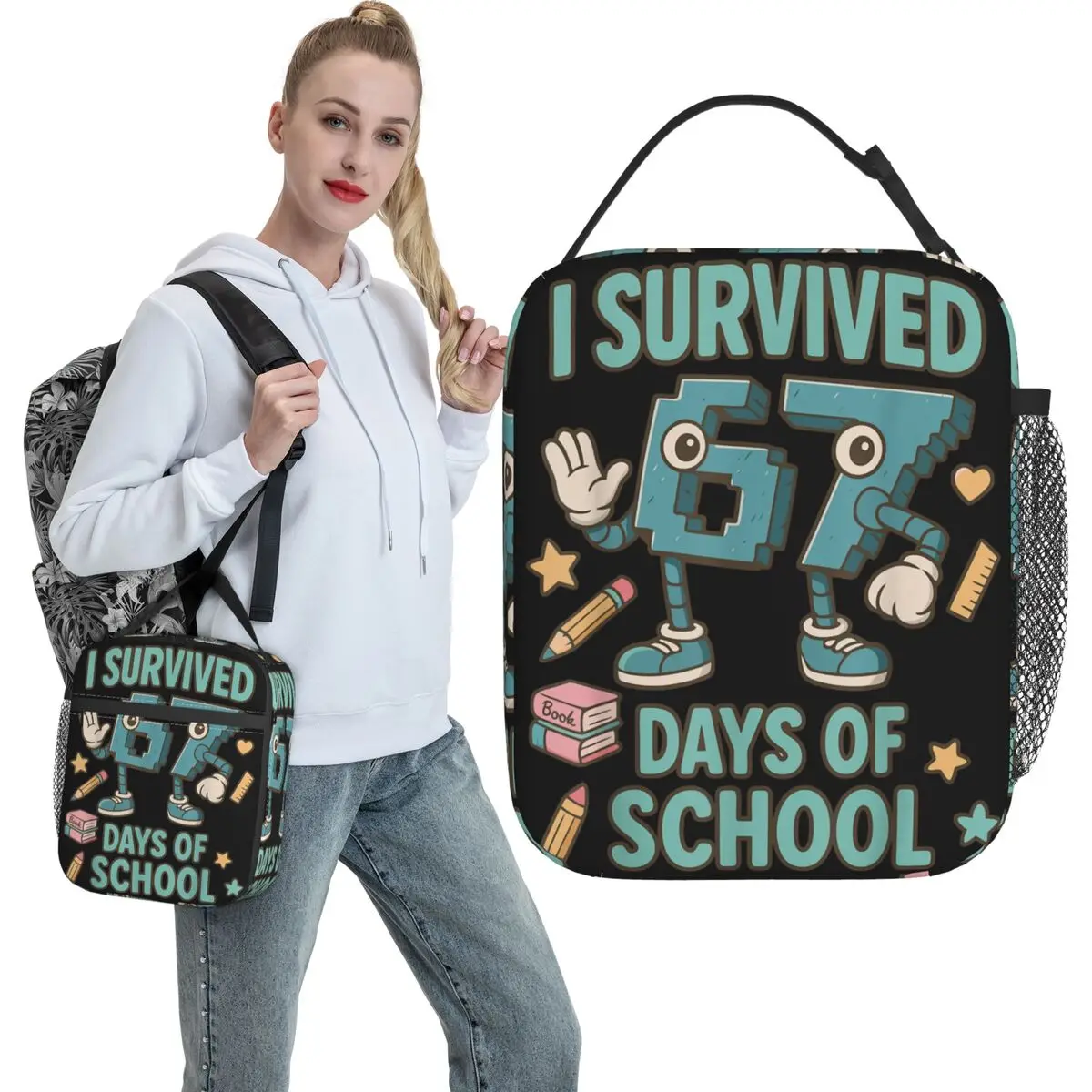 6-7 Meme I Survived 67 Days Of School Lunch Bag Convenient Lunch Box Men Office Print Cooler Bag Fun Oxford Thermal Lunch Bags