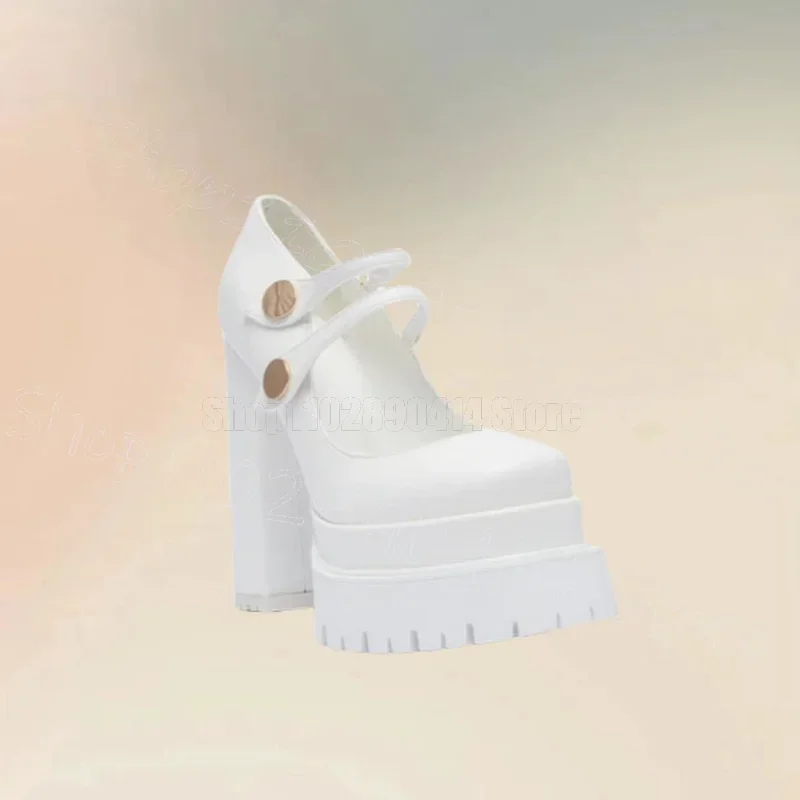 

White Round Toe High Platform Pumps Buckle Strap Women Shoes Chunky High Heels Novel Party Feast Dating 2024 Zapatos Para Mujere