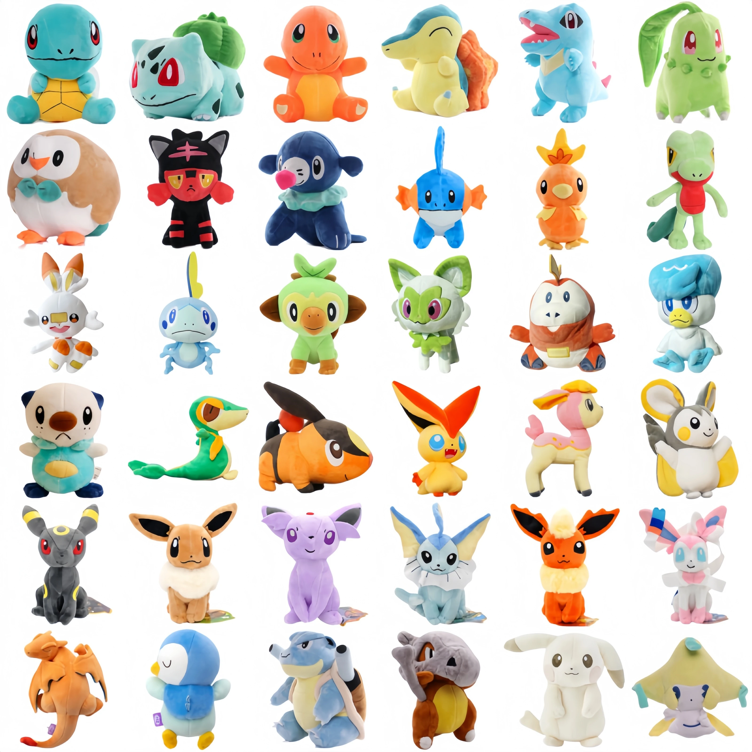 Peluches de Pokémon: Pikachu, Squirtle, Bulbasaur, Charmander, Cyndaquil, Totodile, Chikorita, Tepig, Oshawott, Rowlet, Litten, Popplio