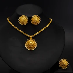 Ethiopia Gold Color Jewelry Set Necklace Pendant Earrings Ring Middle East Africa Bridal Wedding Party Accessory Festival Gifts