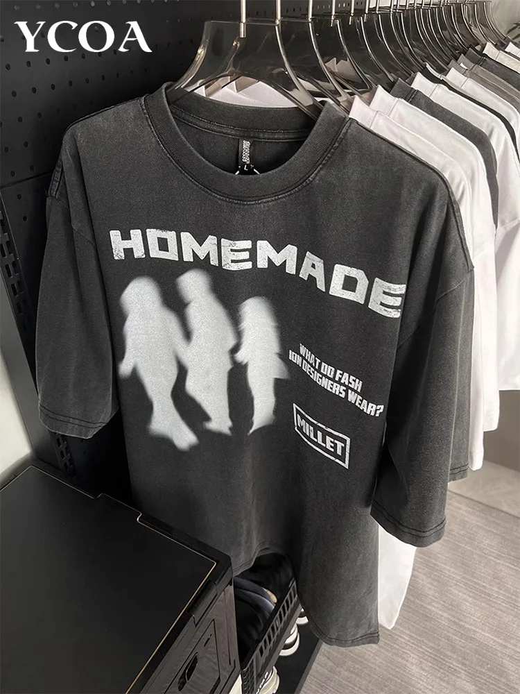 Men T-Shirt Graphic Vintage Printed Shadow Washed Black Streetwear Cotton Y2k Tops Tees Summer Hip Hop Korean Oversized Clothing