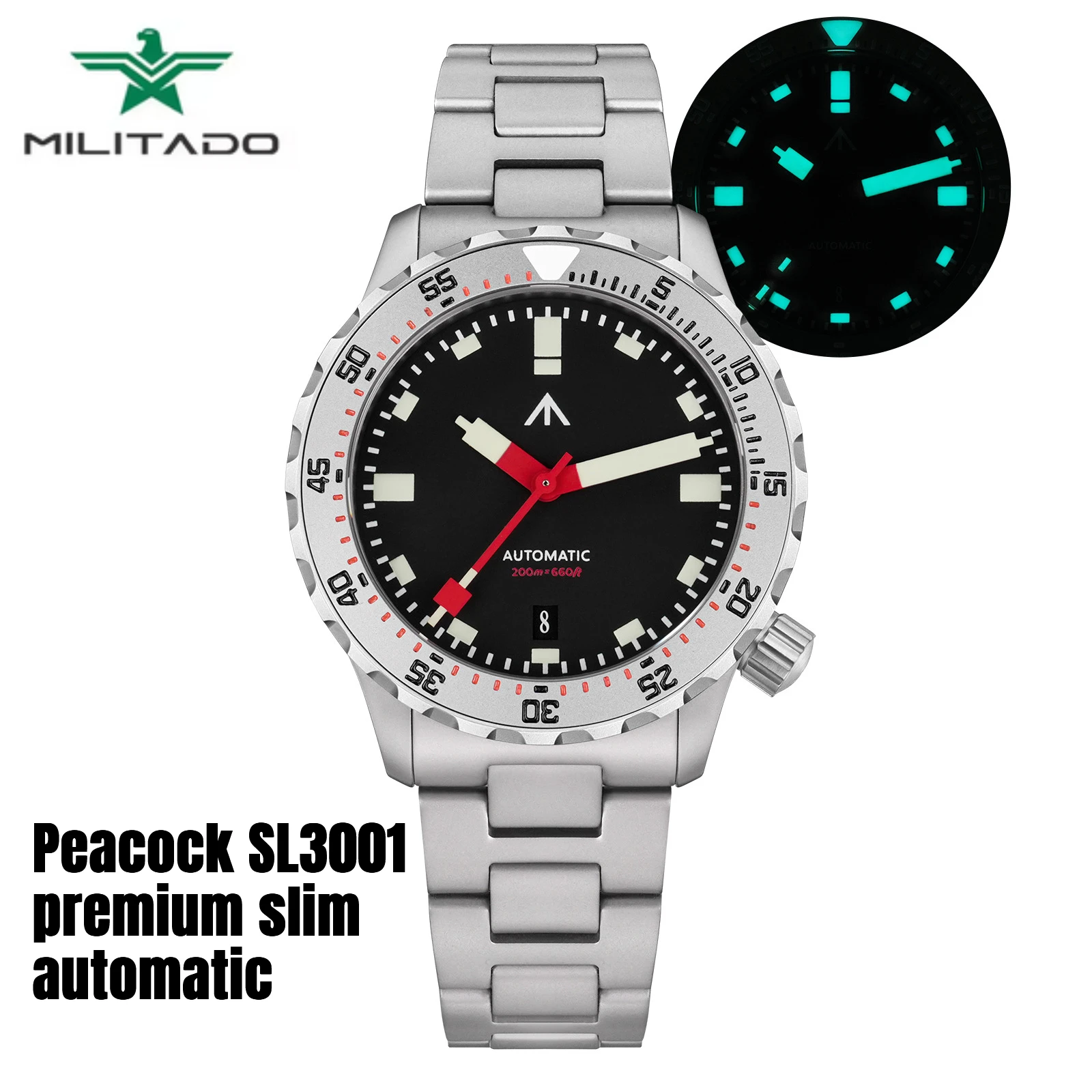 MILITADO ML20 39 mm Taucheruhr PT5000 Automatik 200 m wasserdicht Schwarz PVD 316L Stahl Saphir BGW9 Lume Herren mechanische Armbanduhr