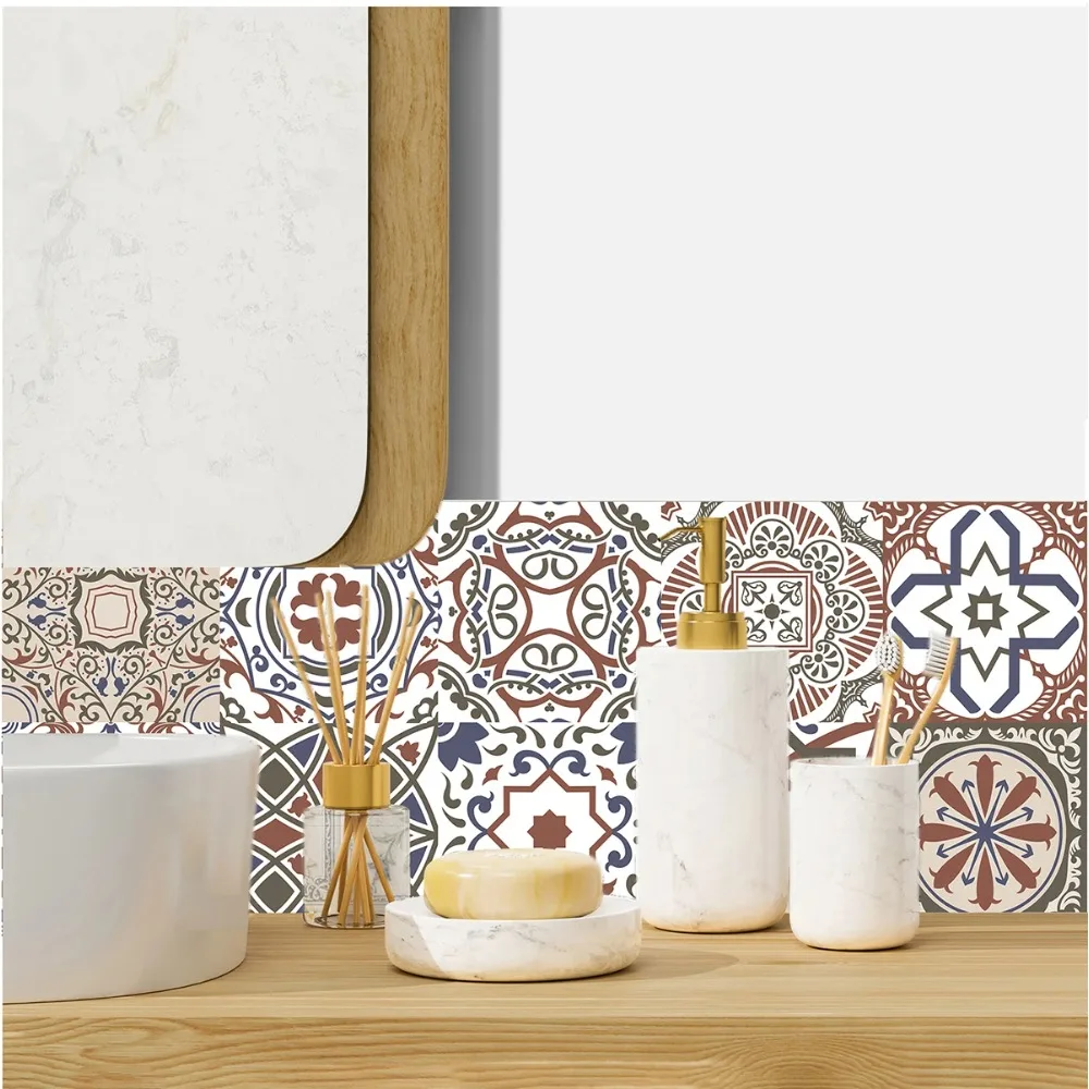 Vintage Moroccan Tile Stickers Morandi Color Floral Self Adhesive Waterproof Backsplash Decals for Kitchen Bathroom Wall Decor
