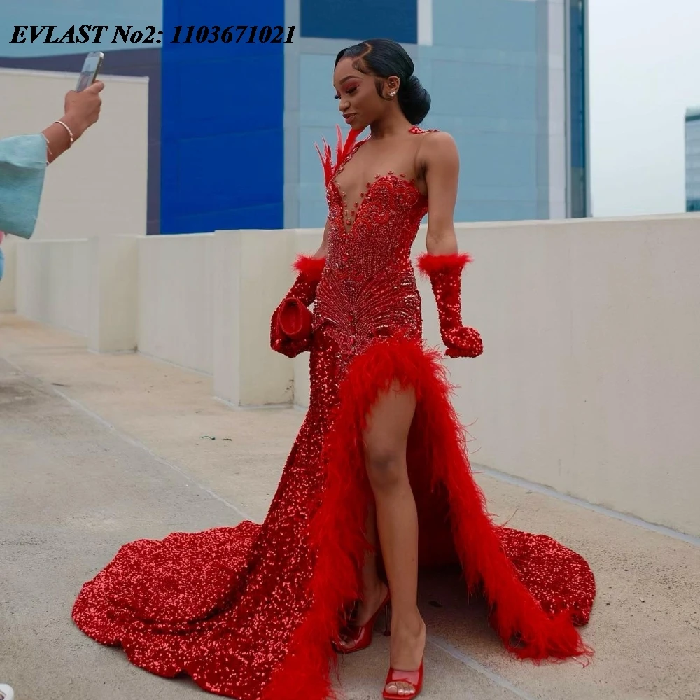 EVLAST personnalisé paillettes rouge paillettes sirène robe de bal noir filles haute fente plume cristal perlé robe de soirée E2P277