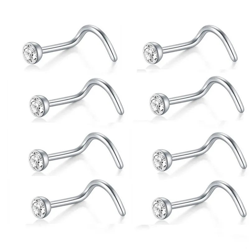 10 Pcs Stainless Steel Crystal Drill S Nose Nail Hypoallergenic Body Piercing Jewelry