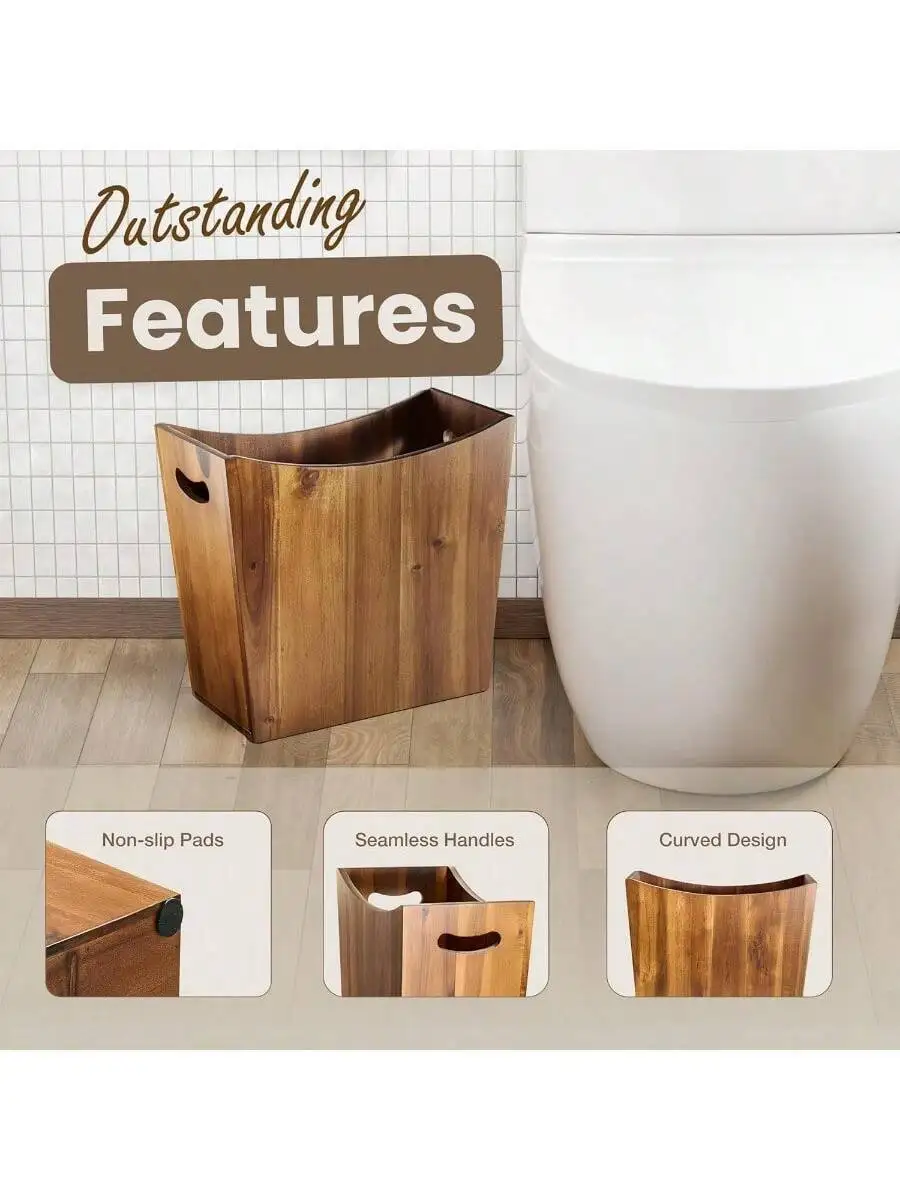 

3 Gallon Rectangular Acacia Wood Wastebasket With Handles For Bathroom Kitchen Office Modern Design