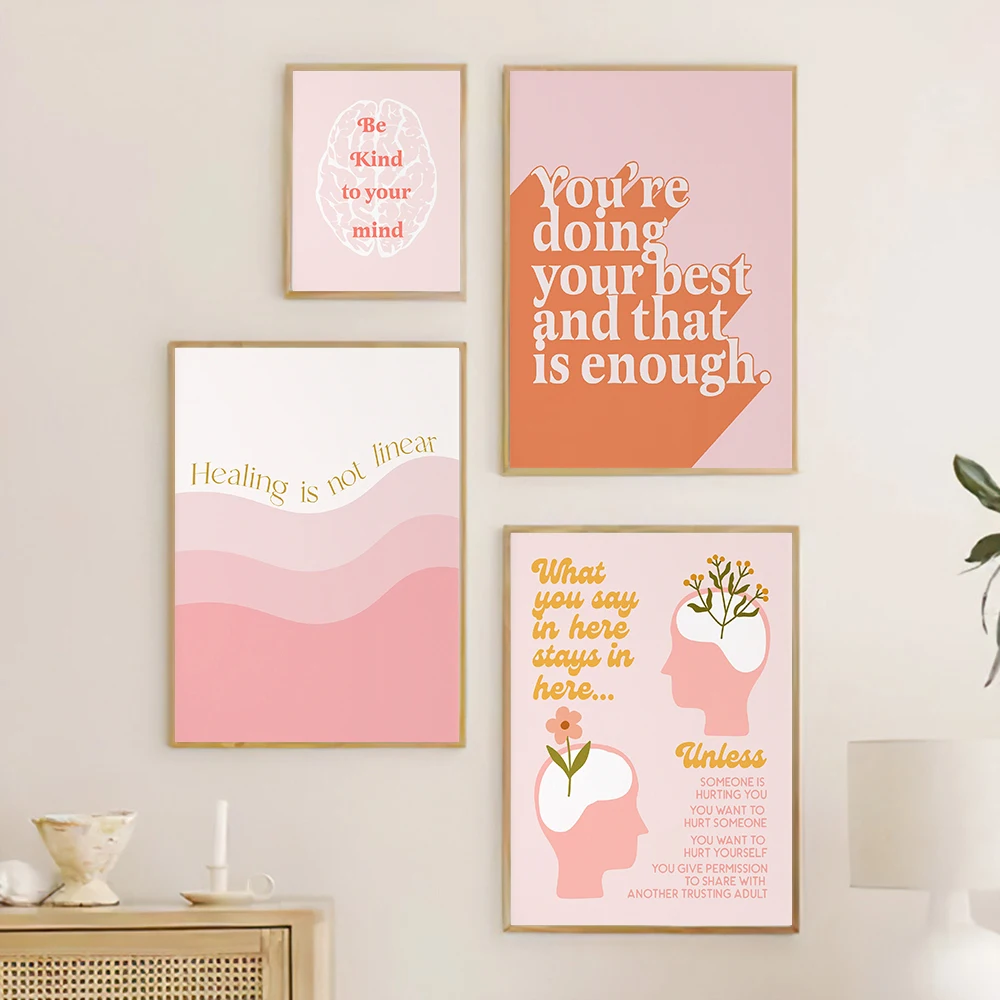 Mental Health Quote Propaganda Poster Print Therapist Office Wall Art Decor Pink Girl Mental Pyramid Canvas Painting Room Home