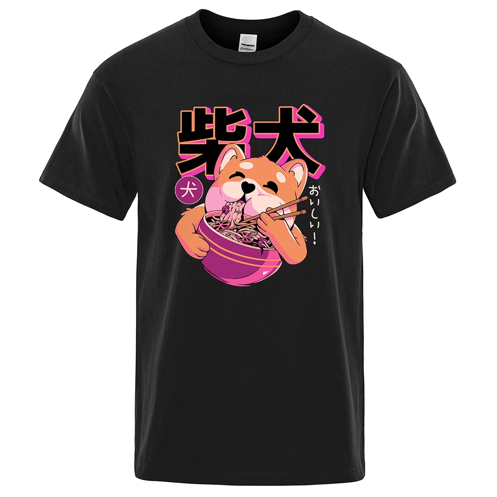 Cute Shiba Inu Eating Noodles T-Shirt Fashion Cotton Tees Summer Comfortable Tshirts Hip Hop Breathable Eco-Friendly Men Tops