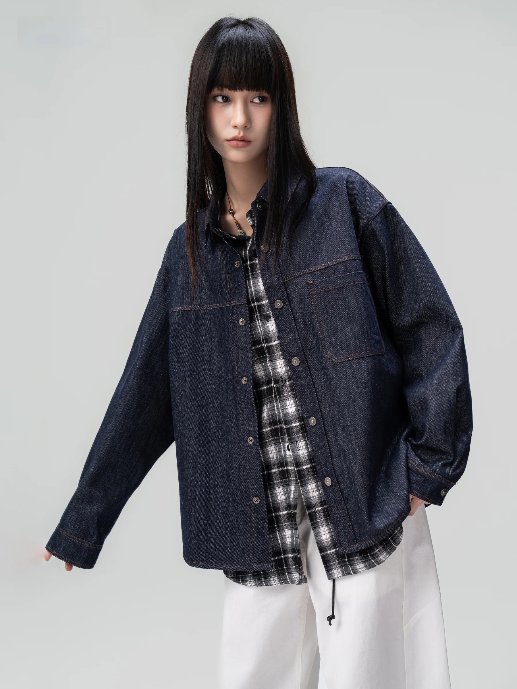 AOGZ American Plaid Splicing Fake Two-Piece Denim Jacket Men's Casual Versatile Shirt Jacket Cotton Blend Loose Fit Autumn Ne...