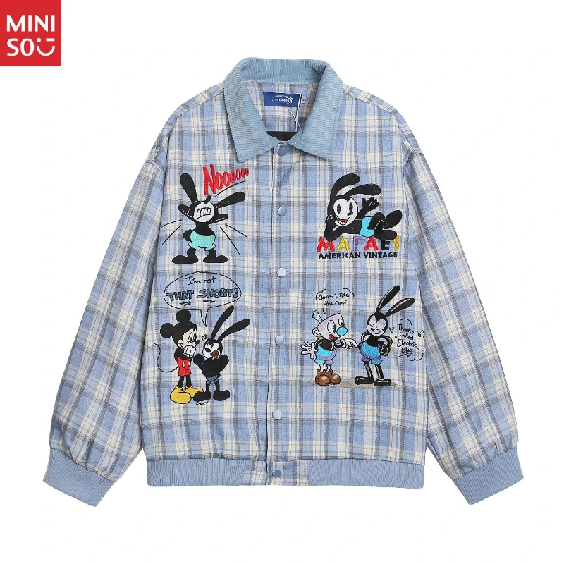 

American Retro Cartoon Embroidery Plaid Lapel Jacket Unisex Fall Winter New Loose Casual