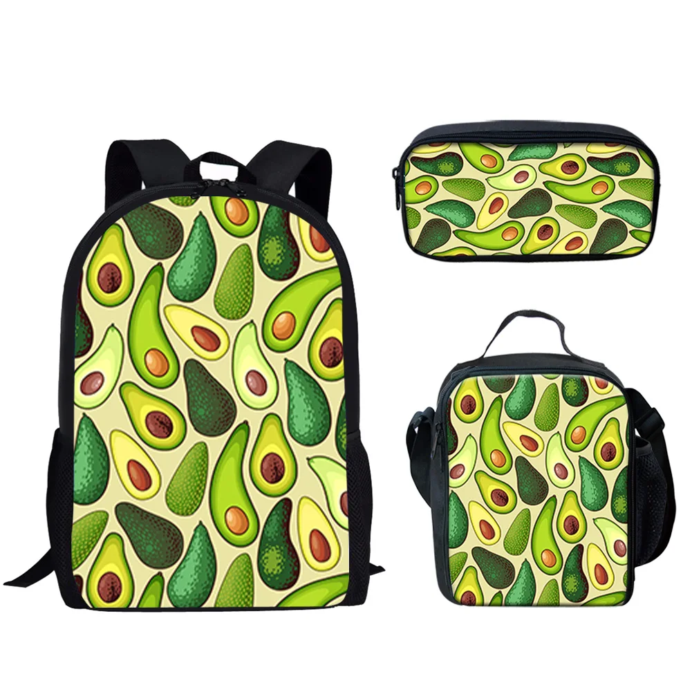 Ensemble de sacs d'école à motif d'avocat vert pour adolescents, sac à dos décontracté, sac à lunch, étui à crayons, garçon, fille, fruit, 3 pièces