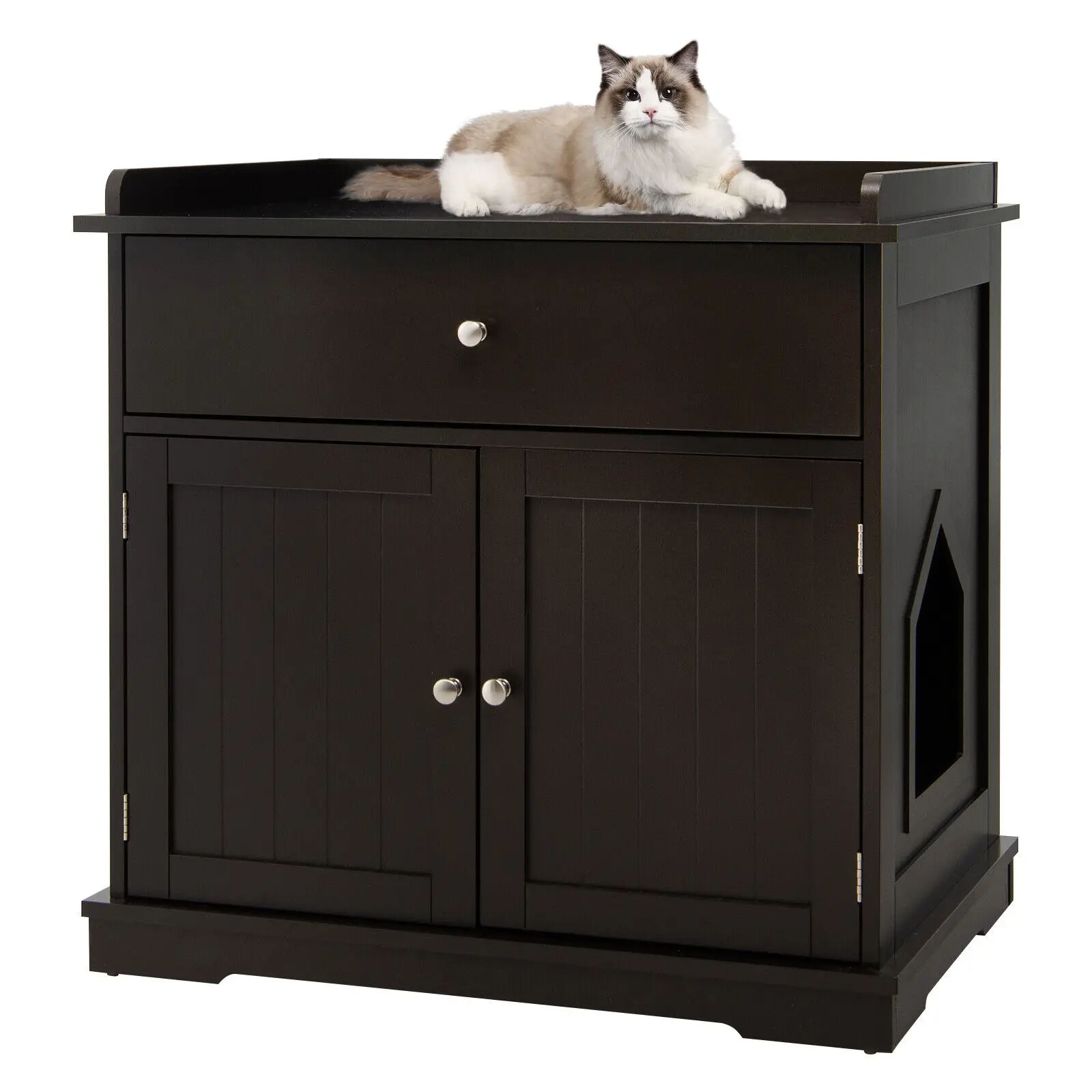 Costway Wooden Cat Litter Box Enclosure W W/ Drawer Side Table Furniture Coffee