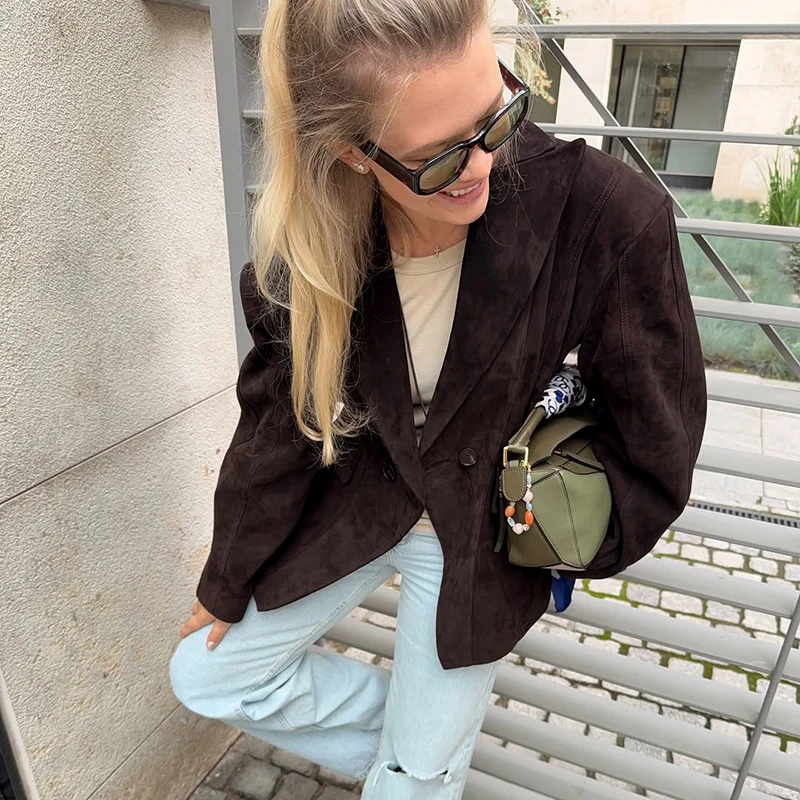Wildleder Safari Stil Kurze Bomber Jacken Frauen Mode Stehen Kragen Epaulet Elastische Saum Taste Lose Mäntel Chic Damen Outer – Detail 10
