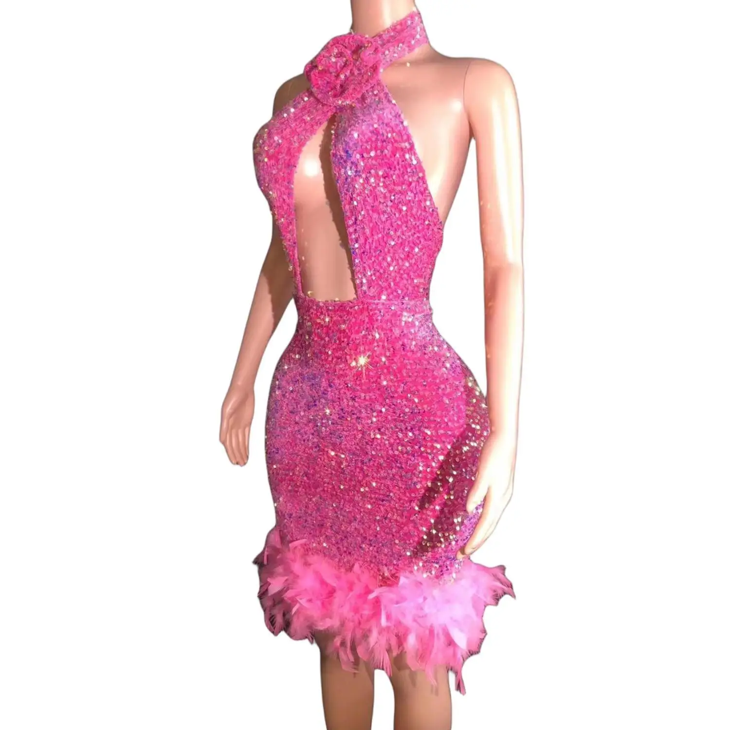 Vestido sexy com penas de lantejoulas para menina, mini vestidos curtos de baile, comemoração de aniversário, preto e rosa, Fenqiangwei