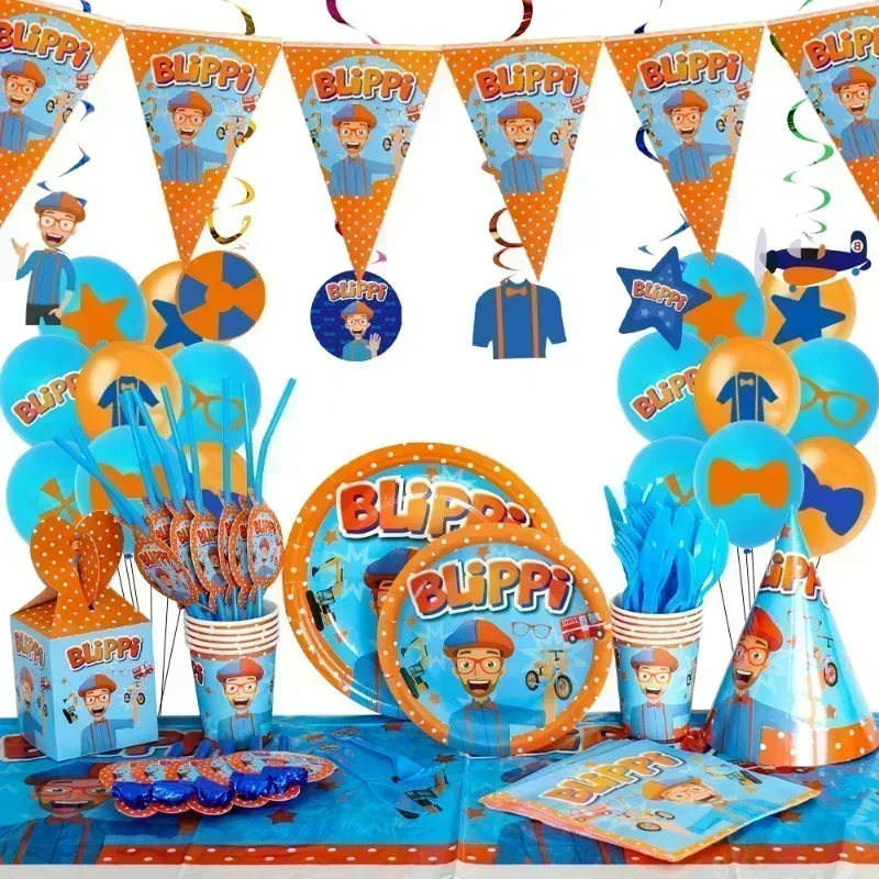 Blippiing Theme Birthday Party Decoration Kids Boys Balloon Set Tableware Cup Background Sticker