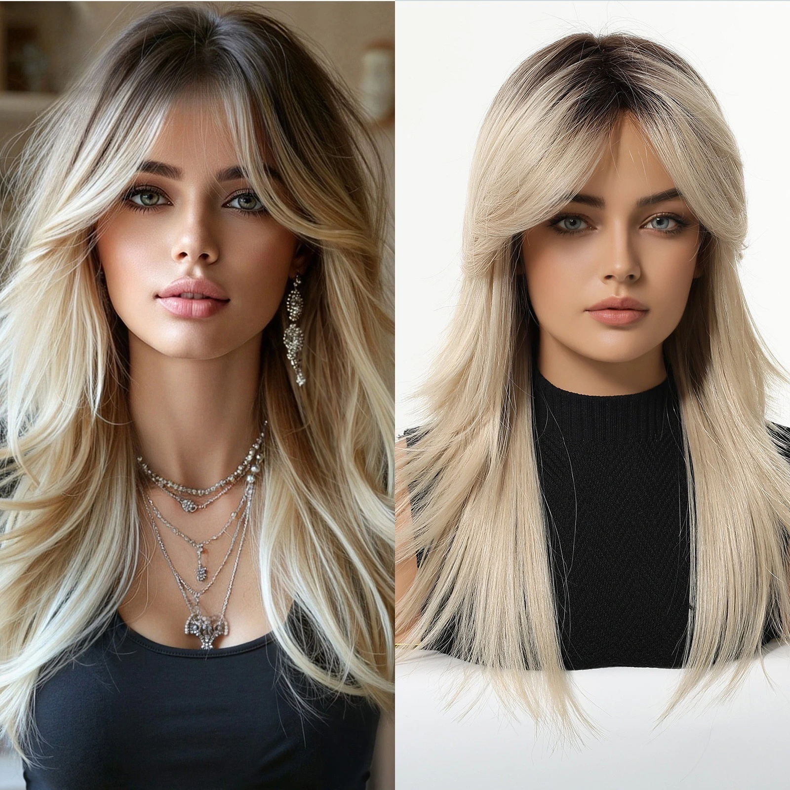 

Synthetic Women's Full Head Wig Cross-border Eight-Character Bangs Golden Long Curly Hair European and American Fashion