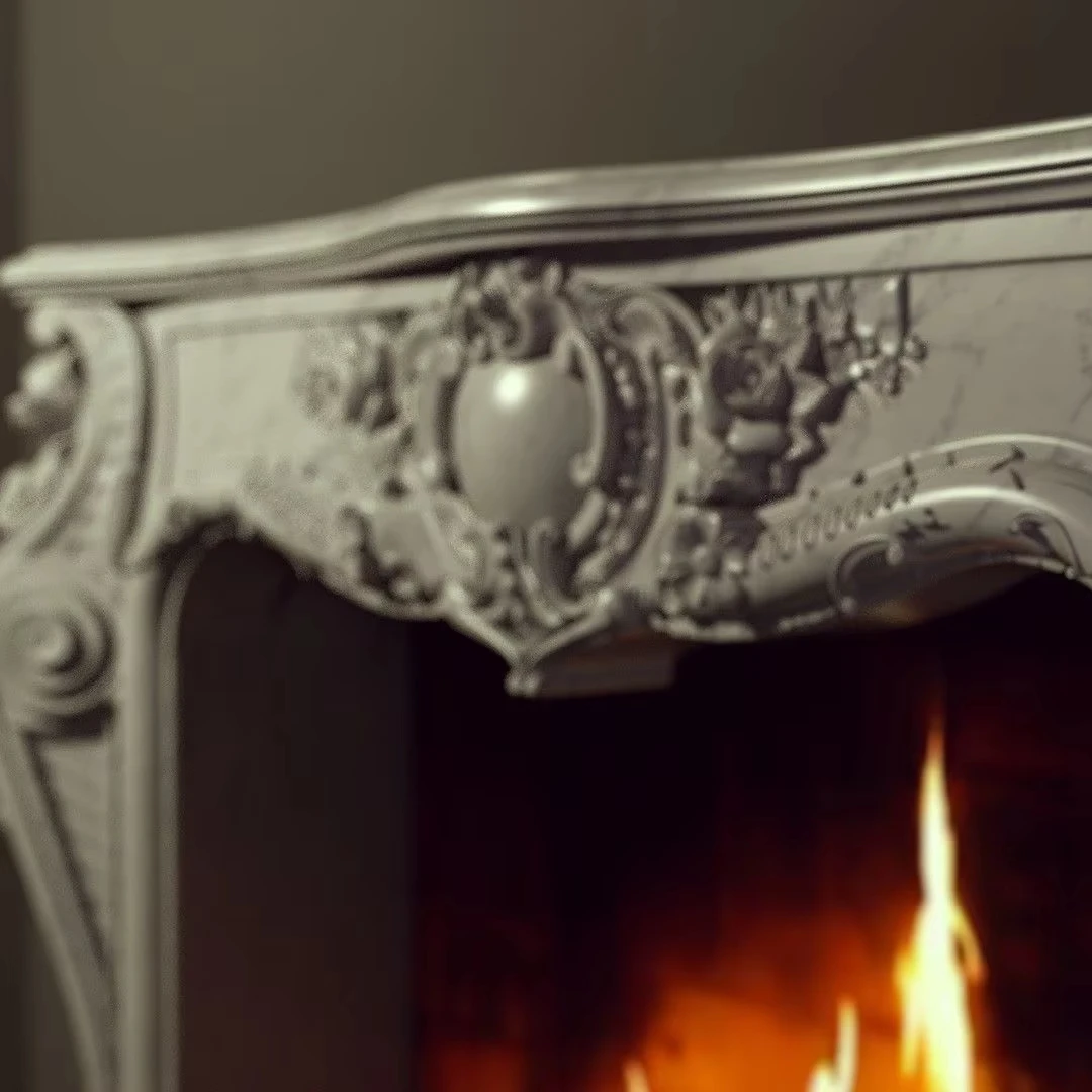 مدفأة من الرخام الفرنسي الطبيعي المنحوت يدويًا تحيط عباءة لديكور المنزل