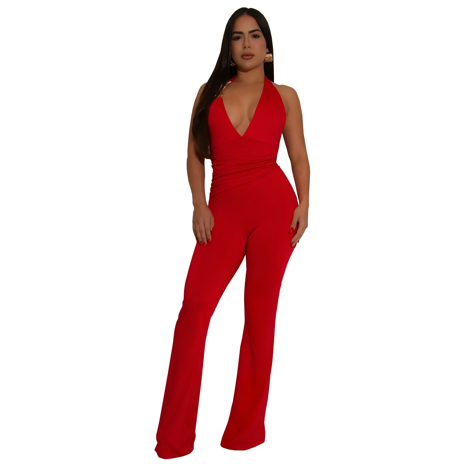 EINY y2k Women's Elegant Sleeveless Sexy Jumpsuit Draped One Piece Pants Deep V Lace Up Wide Leg Pants Pleated Office Lady Dress