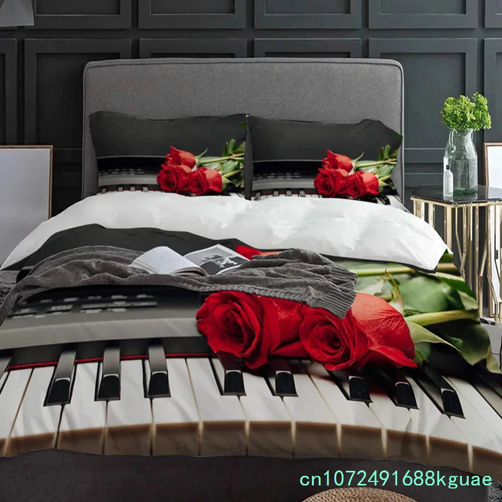 Piano Music Red Rose Flower Bedding Set 3pcs Duvet Cover Pillowcase Kids Adult Quilt Cover Double Bed Set Home Textile