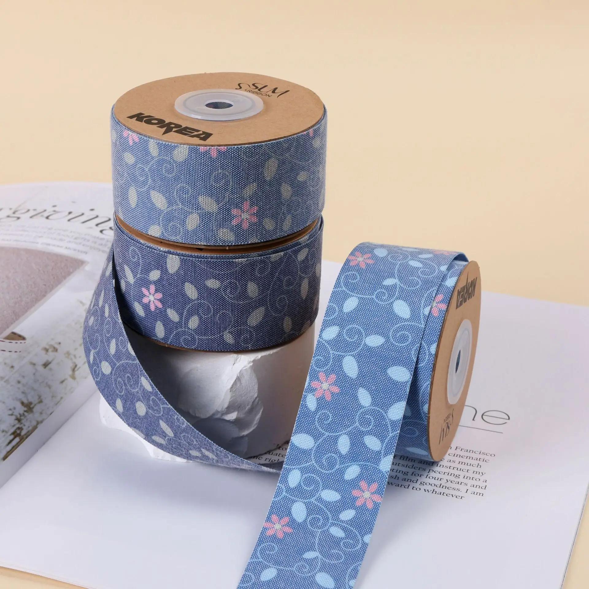 

9 Yards 25MM38MM Denim Pattern double-sided Ribbon DIY Handmade Materials For Headwear Hair Bows clothing Shoes Hats home crafts