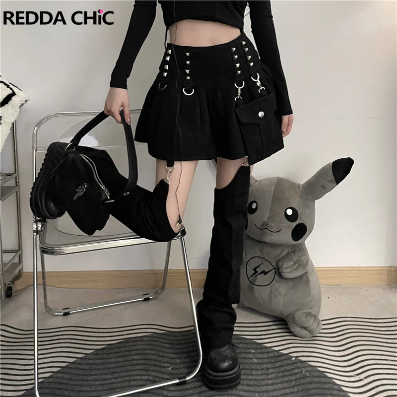 

REDDACHiC Detachable Leg Warmers Denim Skirt Plain Black Jeans Pleated Mini Skirt Goth Punk Cyber Y2k Acubi Fashion 2-piece Set