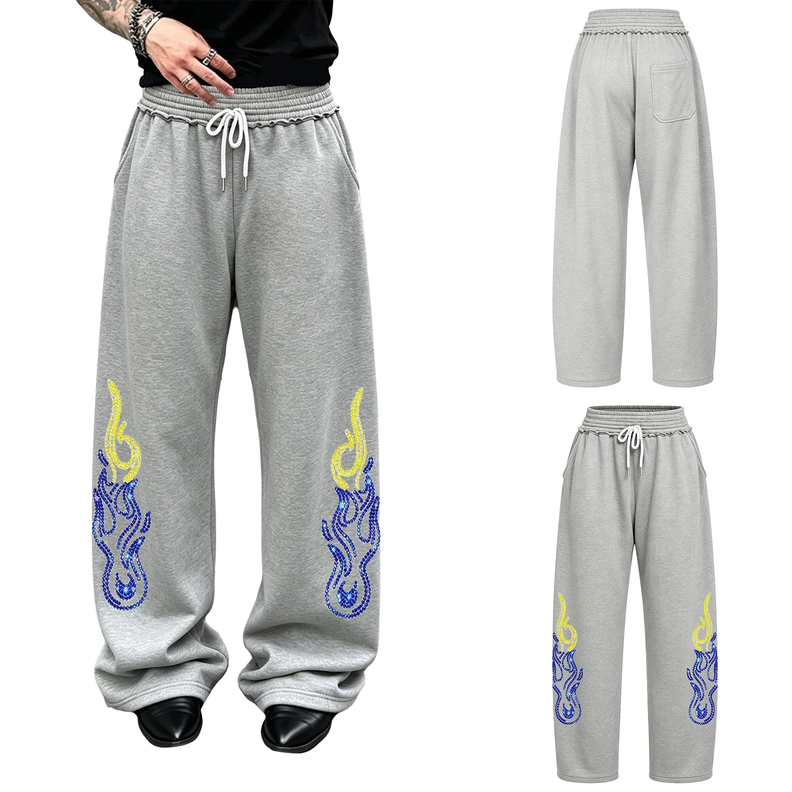 Men Shiny Rhinestone Drawstring Sweatpants Elastic Waist Trousers with Pockets for Hip-hop Jazz Dance Sports
