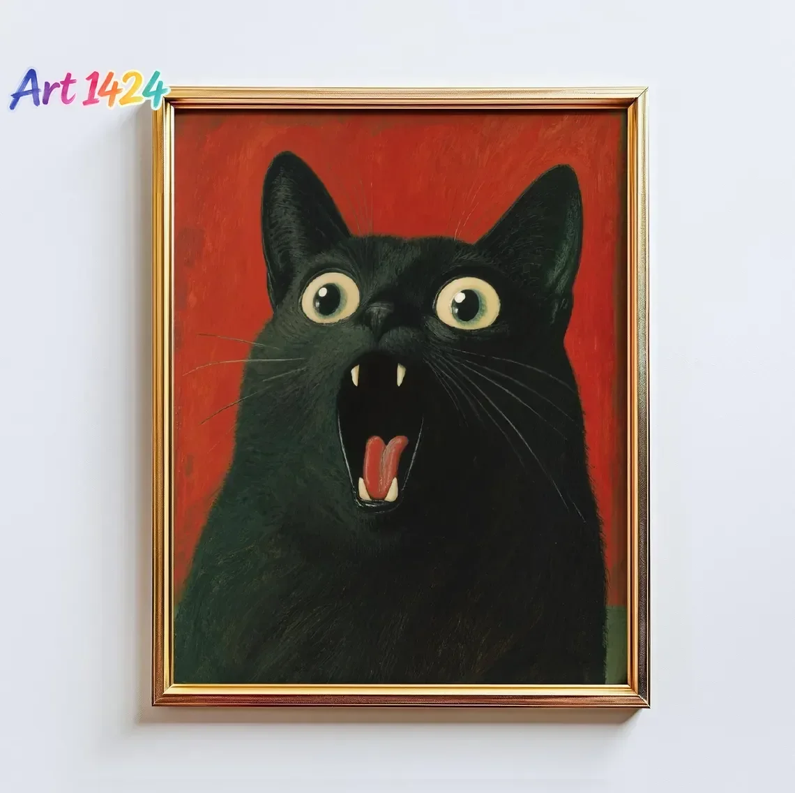 Vibrant Black Cat Portrait WALL ART PRINT DECOR – Playful Expressive Feline Art with Bold Red Background, a Quirky Statement