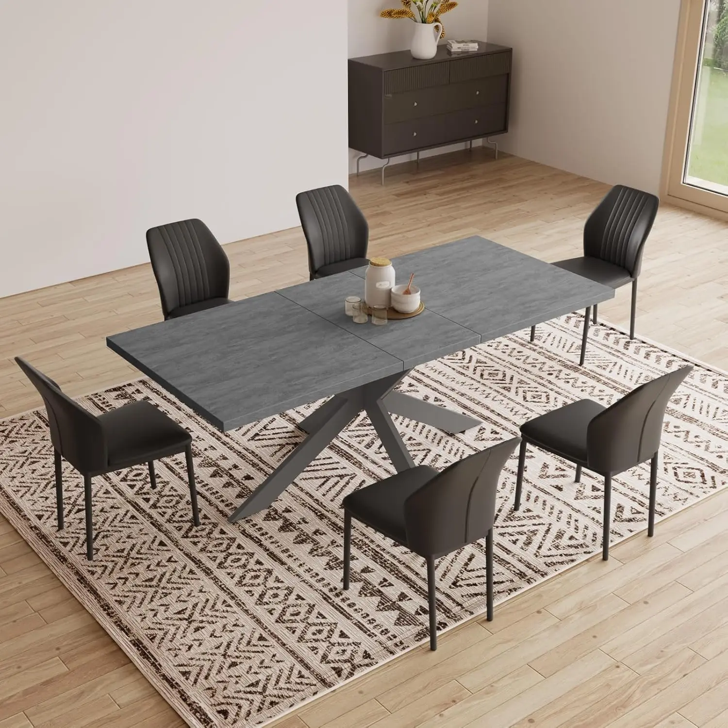 Dining Table Set for 6 Modern Dark Wood Dining Table and Fabric Dining Chairs Set of 6 Table and Chairs Set of 6