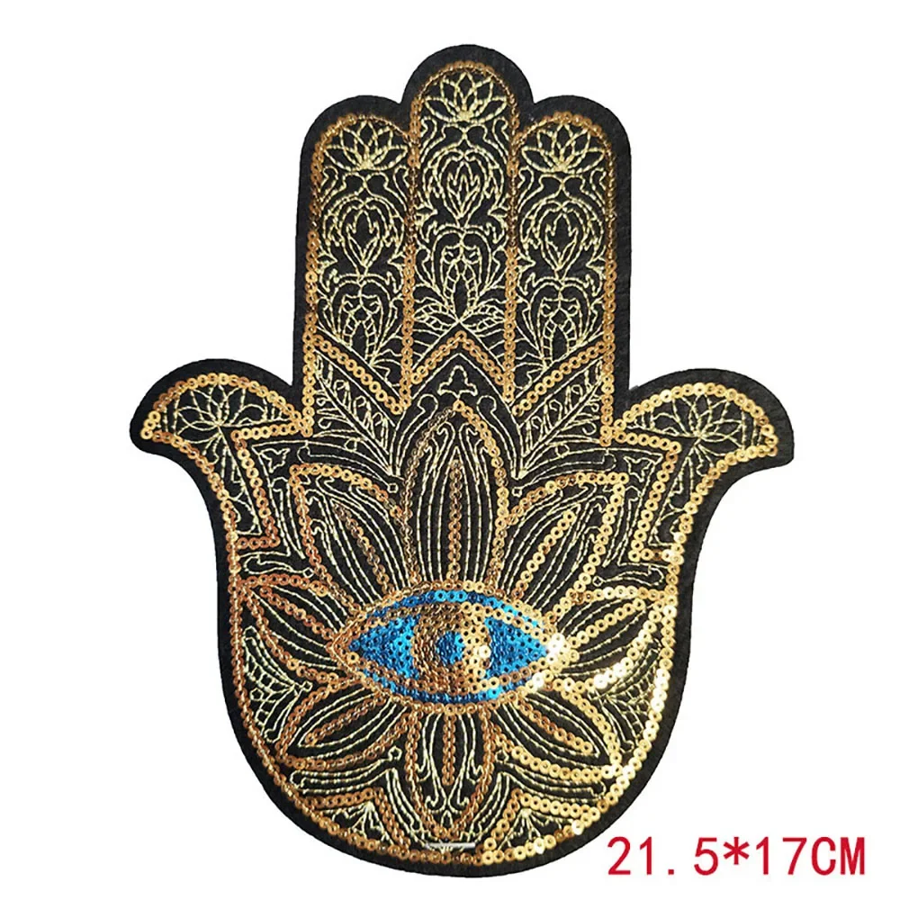 Hand Blue Eyes Sequin Patches Iron on Clothes Hamse Palm Fatima Witchcraft Embroidery Applique Fabric Badge DIY Apparel Decor