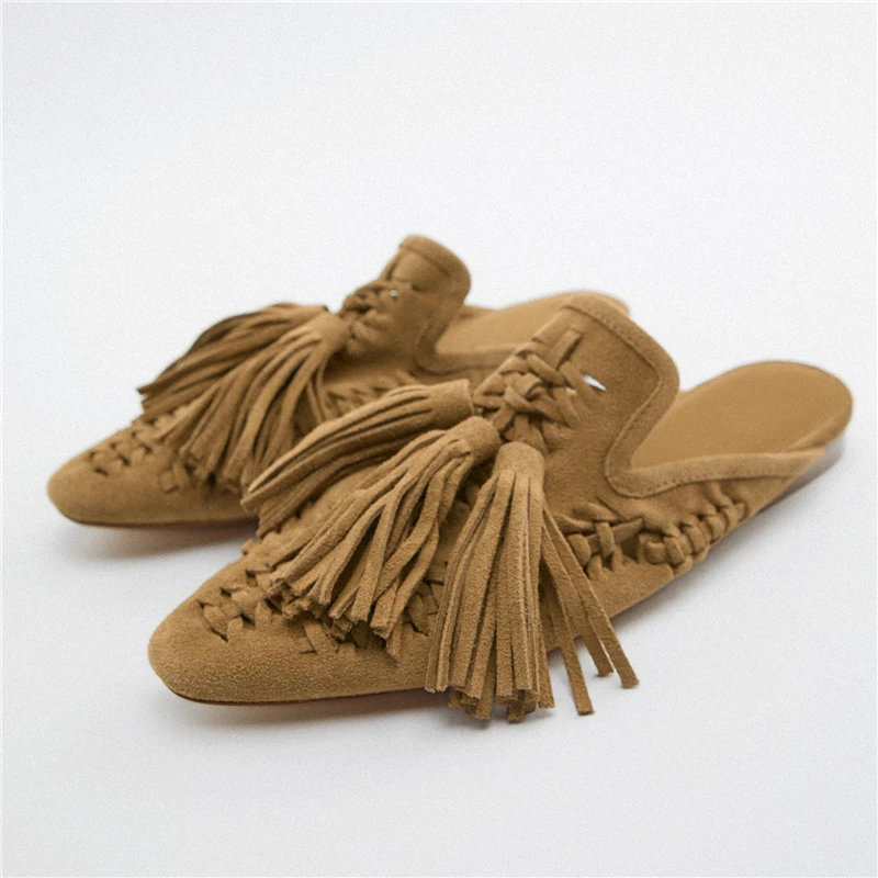 Suede Slippers Women Fringed Flat Mules Hollow Out Tassels Ladies Beach Shoes Handmade Luxury Gladiator Sandals Summer 2024