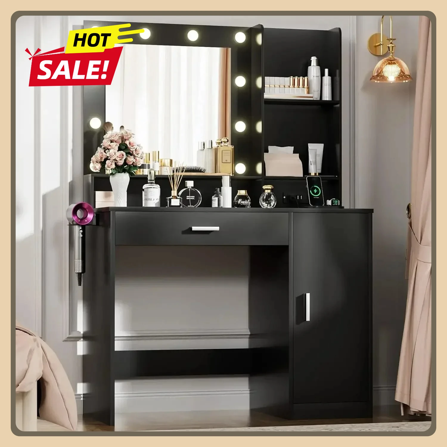 

Makeup Vanity Desk Table with Drawers and Cabinet, 3 Adjustable Lighting & Power Outlet with Mirror and Lights