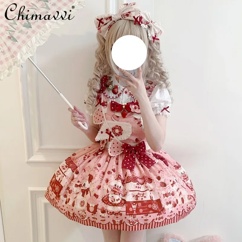 Robe princesse Lolita originale pour filles, à bretelles, avec nœud mignon, imprimé de dessin animé, taille haute, Kawaii, pour femmes, nouvelle collection automne 2025