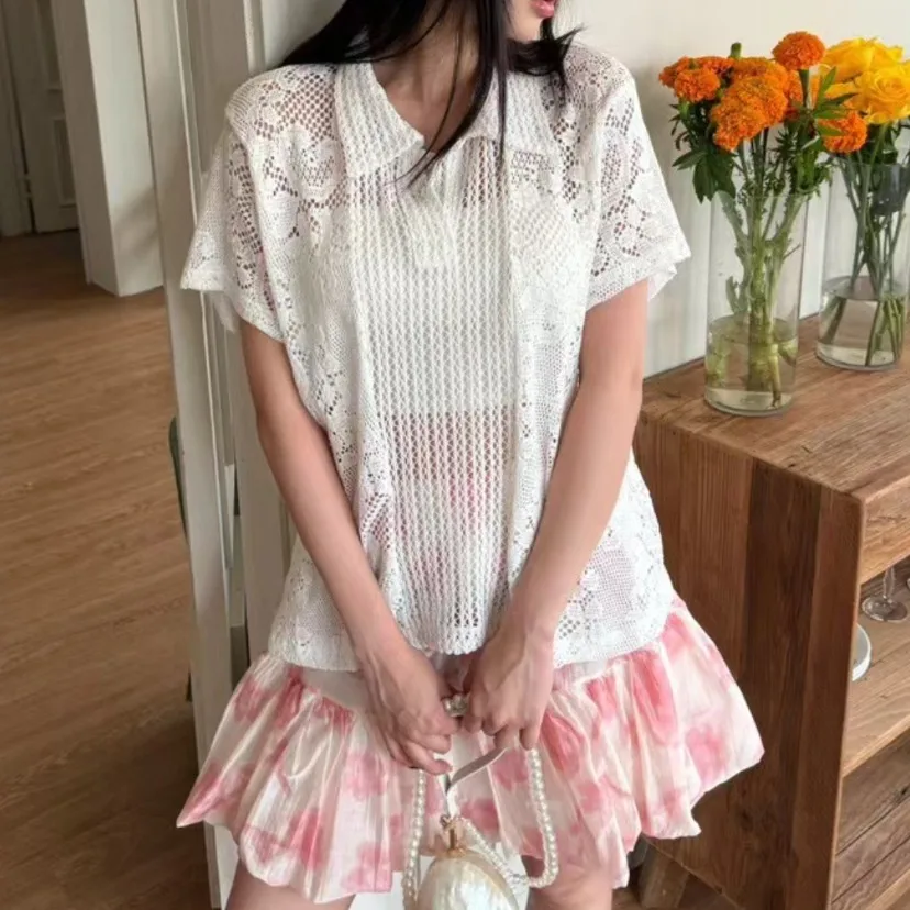 

Fashionable Korean Style Women's Neck Lace Shirt Versatile Summer New Arrival Retro Style Loose Fit Short Sleeve Top