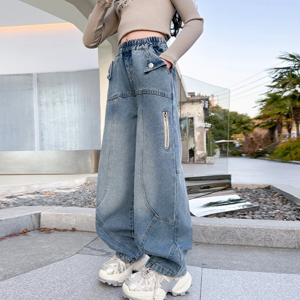 جينز بناتي لربيع وخريف 2025 بأرجل واسعة موضة الأطفال سراويل دينم غير رسمية للأطفال تصميم ريترو مستقيم الساق سراويل فضفاضة