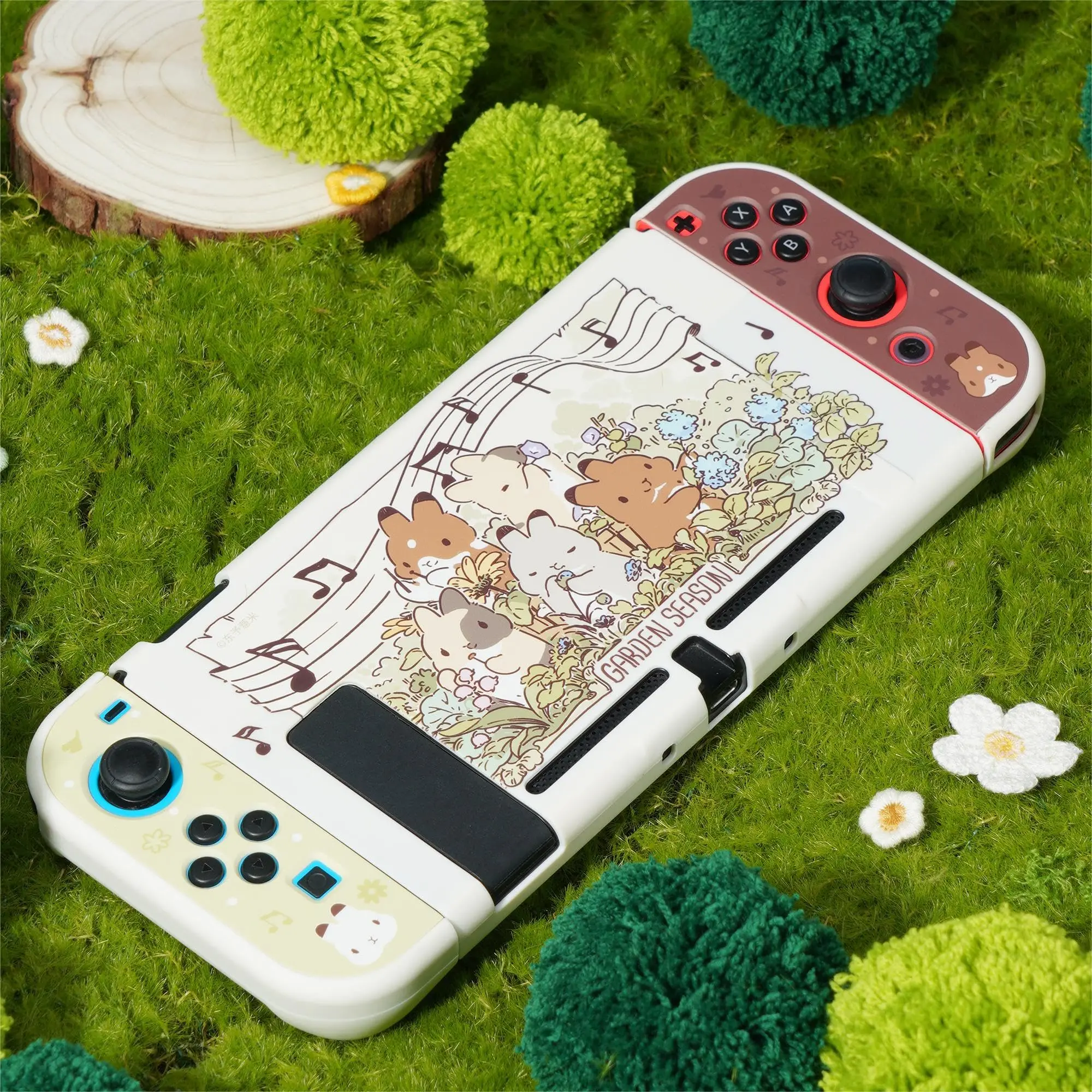 Geekshareバニーテーマシリコン保護ケース、親指グリップキャップ、Nintendo Switchと互換性があり、スイッチ付き、ガーデンシーズン、4個