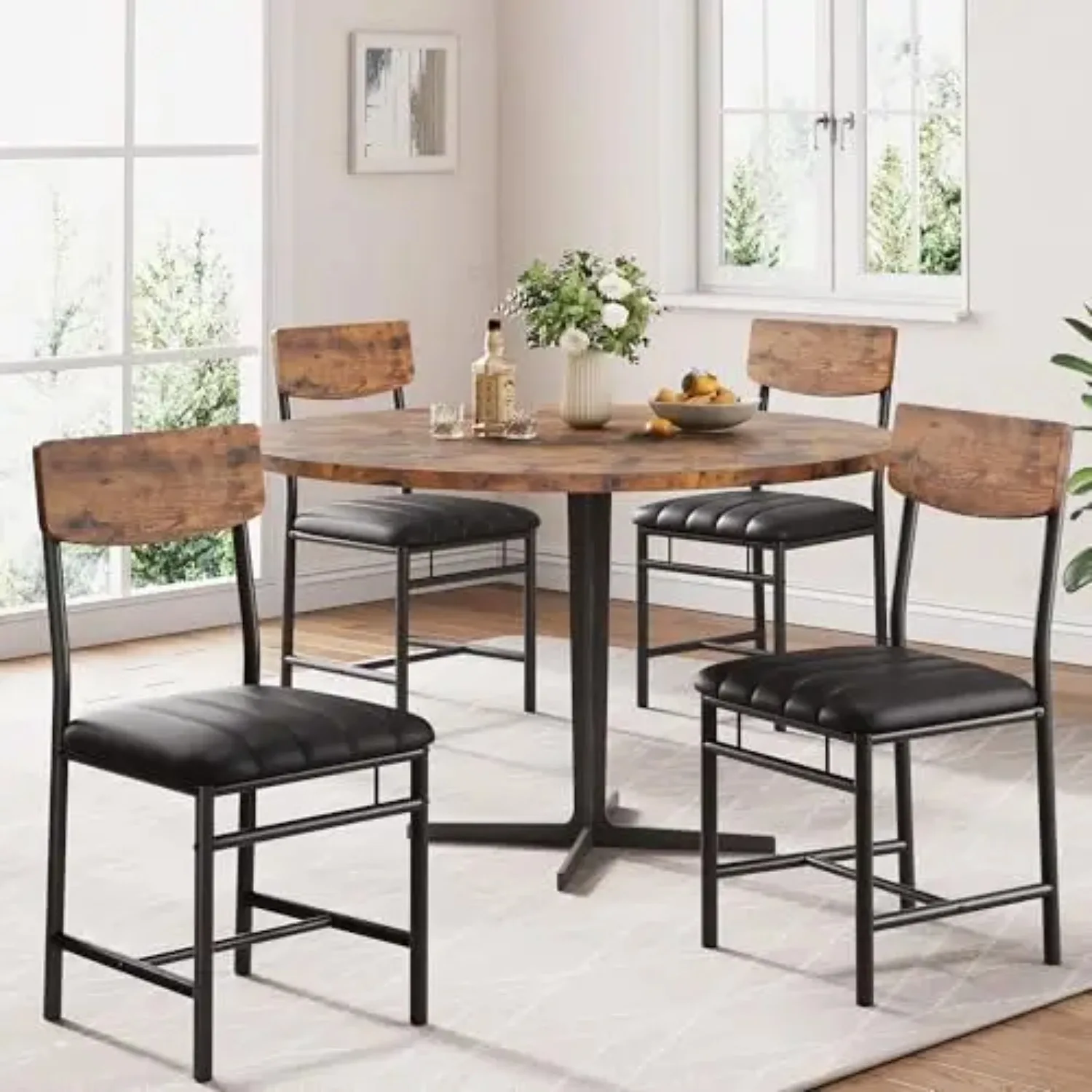 Industrial Dining Chairs Set of 4 - Upholstered Dining Room Chairs with PU Leather, Kitchen Chairs with Wooden Backrest