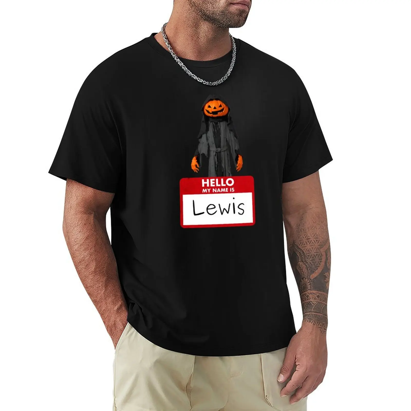 My name is Lewis pumpkin man with name tag T-Shirt Water Resistant Casual T-Shirt
