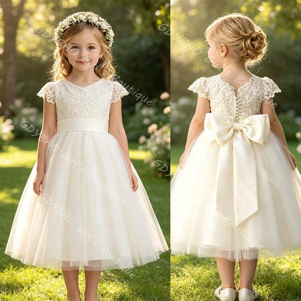Girls Ivory/White Wedding Party Dress for Flower Girls Lace Top Tulle Skirt Cap Sleeves Birthday Communion Dress With Bow Custom